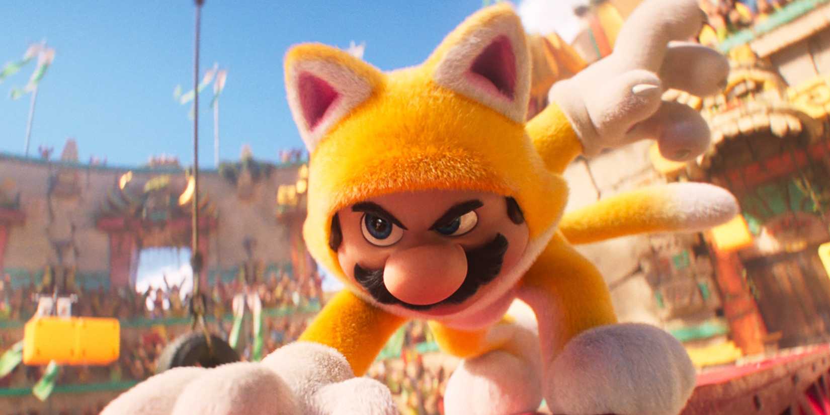 Cat Mario prepares to fight Donkey Kong in the Super Mario Bros. Movie