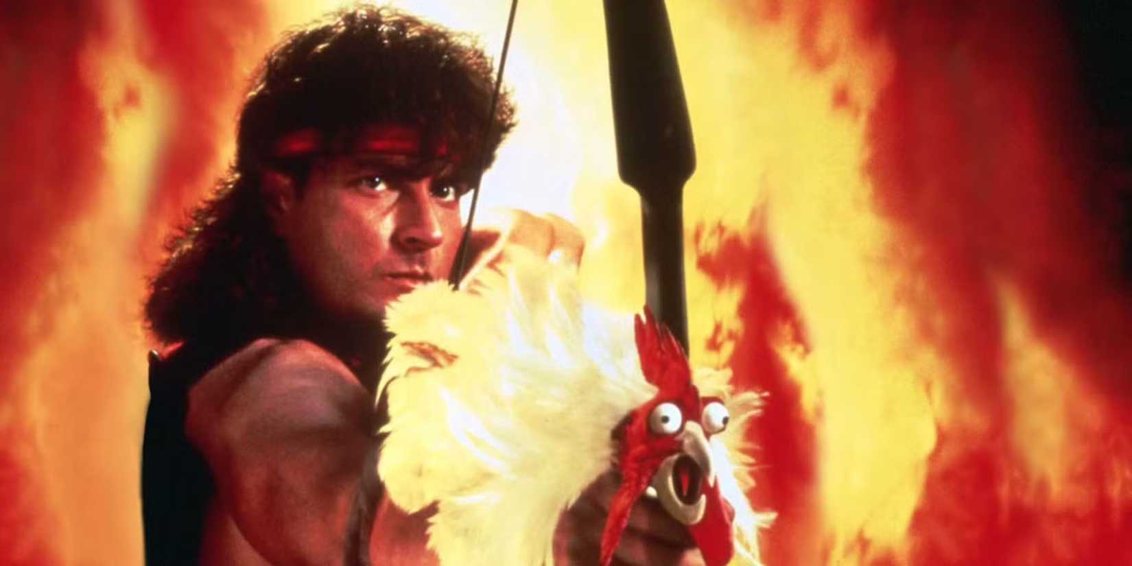 Charlie Sheen as Topper shooting a chicken in Hot Shots Part Deux