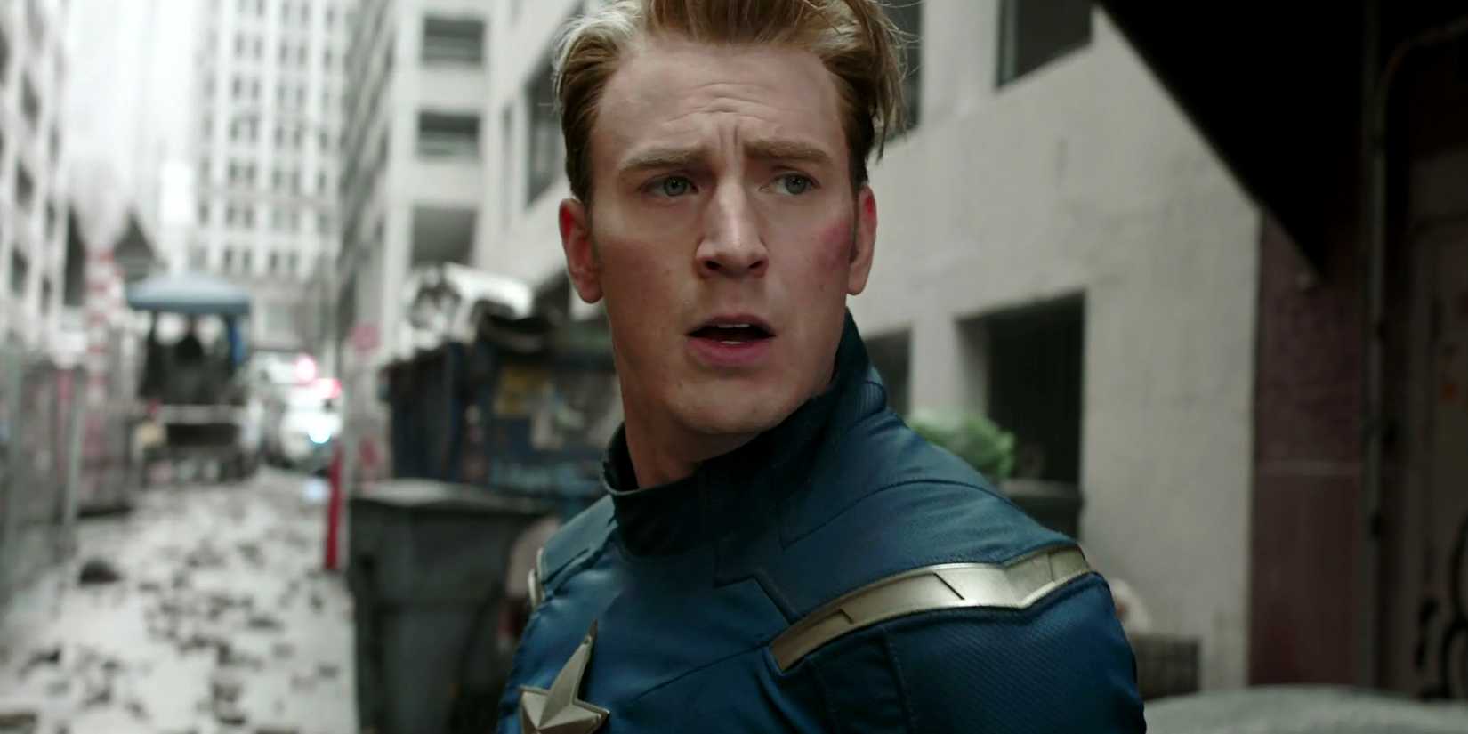 Chris Evans' Captain America in Avengers Endgame looking lost amid rubble