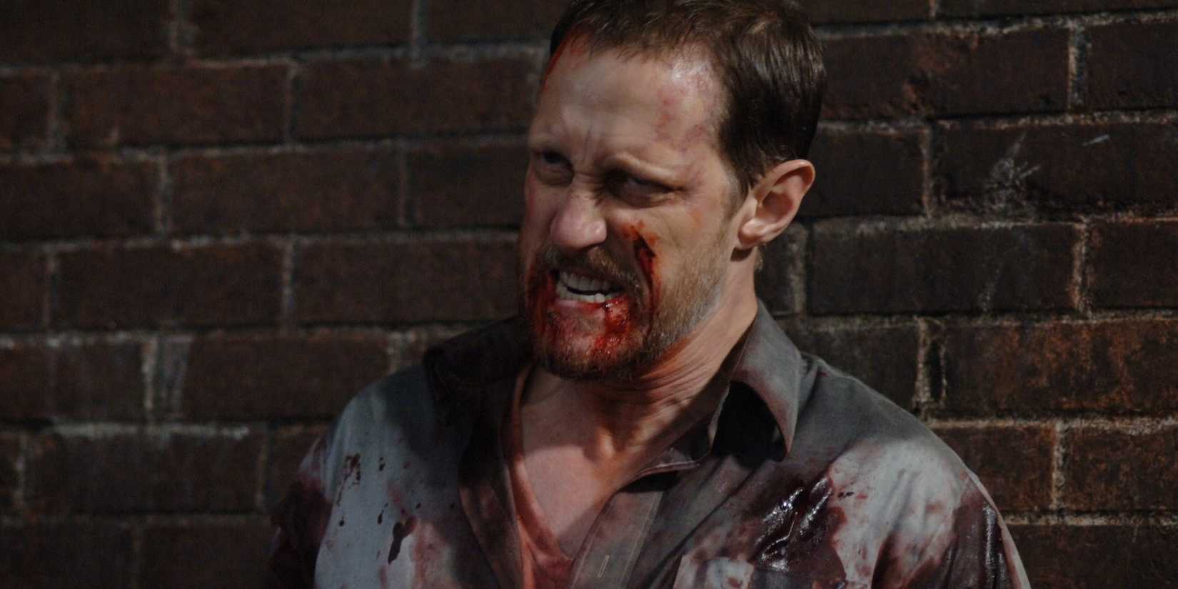 Christopher Heyerdahl as Alastair in Supernatural looking worn, angrey, and bloody