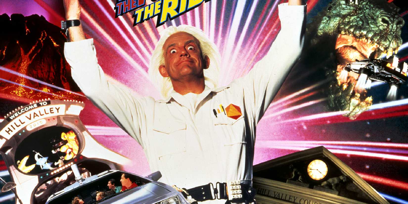 Christopher Lloyd's Doc Brown poses for Back to the Future The Ride poster