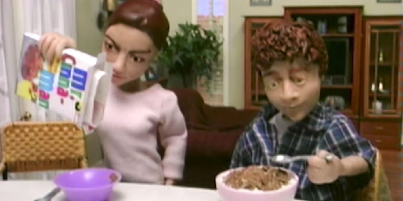 Animazione claymation dei fratelli Stevens che mangiano cereali