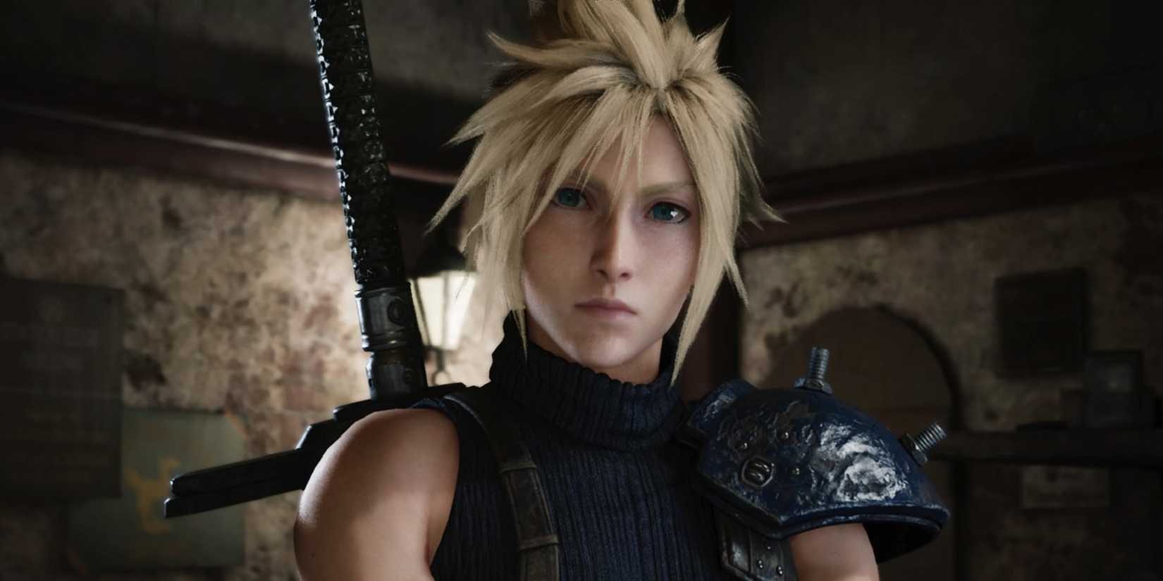 A close-up of Cloud Strife standing in a house in Final Fantasy 7 Remake.