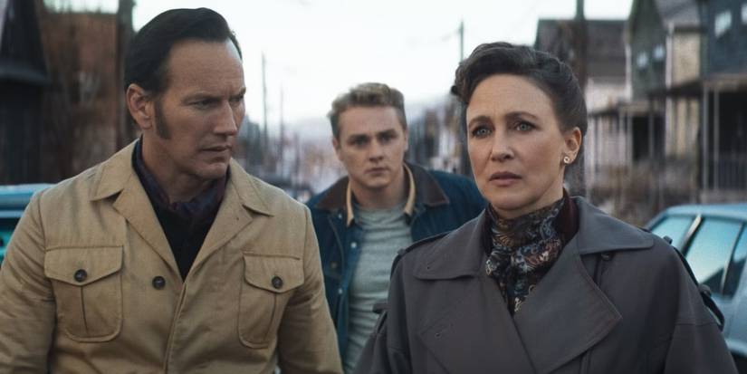 Patrick Wilson, Vera Farmiga, and Ben Hardy on the street in The Conjuring: Last Rites