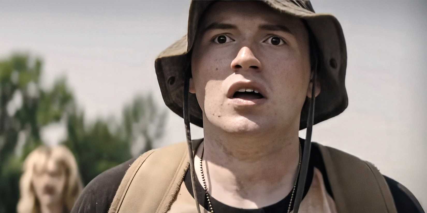 Cooper Hoffman looking shocked and horrified in The Long Walk