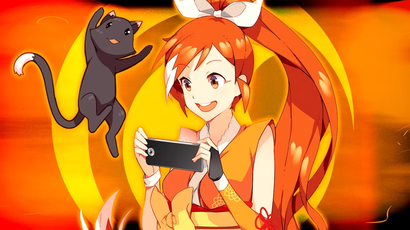 Crunchyroll mascot and her cat looking excitedly at a phone anime featured image