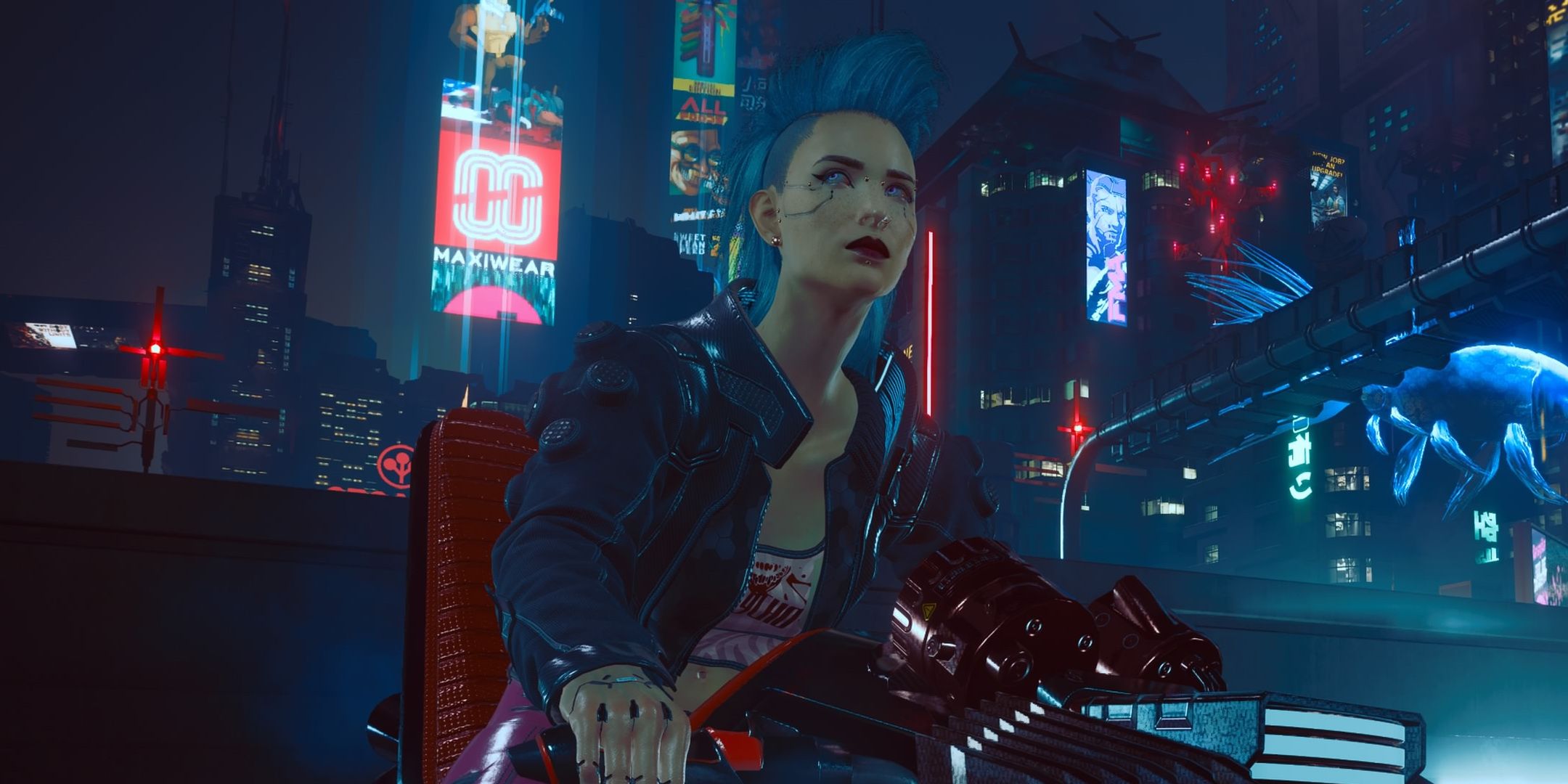 A screenshot of a female V riding a motorcycle through Night City in Cyberpunk 2077.