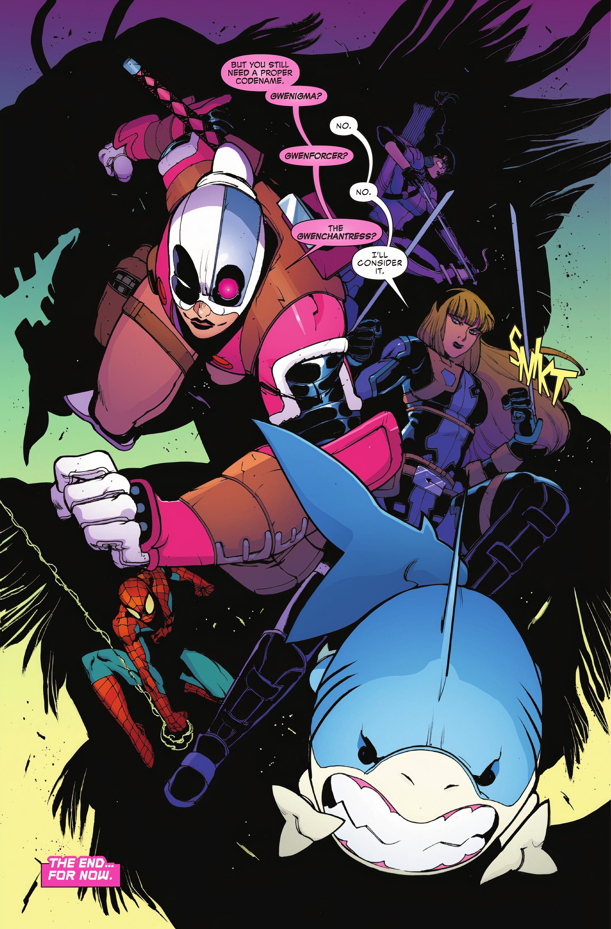 Dark Gwenpool con Jeff Spider-Man e Hawkeye Marvel