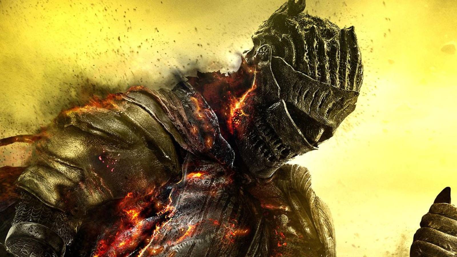A close up of a burning knight in Dark Souls 3.