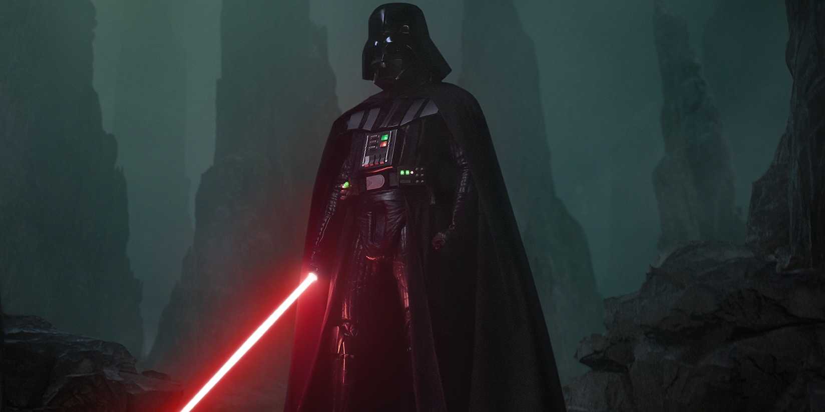 Darth Vader em Obi-Wan Kenobi empunhando seu sabre de luz vermelho