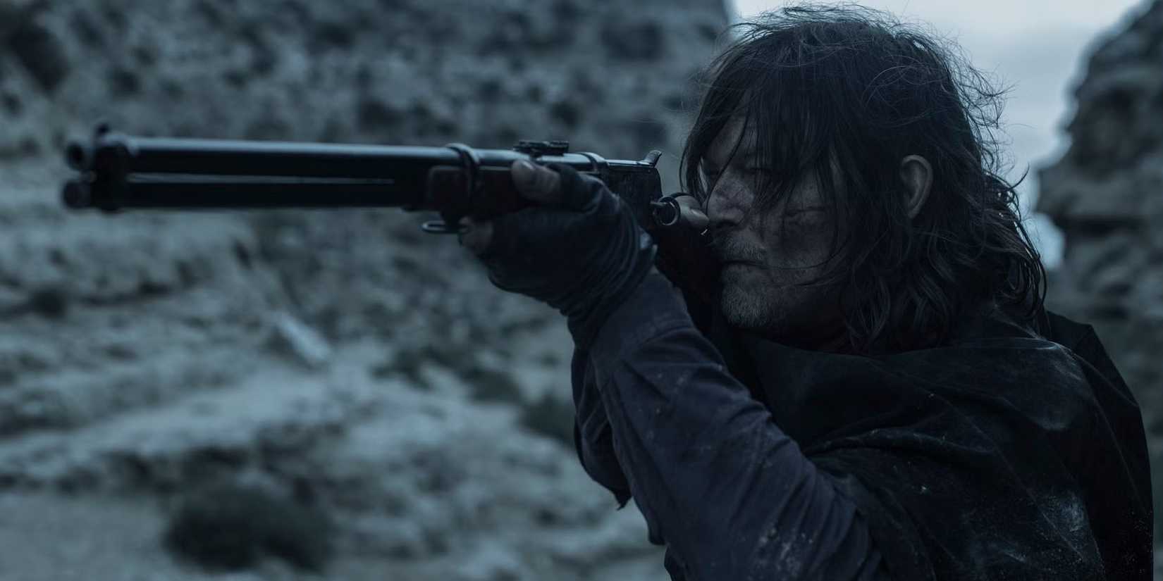 Norman Reedus as Daryl Dixon holding and aiming a gun in The Walking Dead: Daryl Dixon season 3