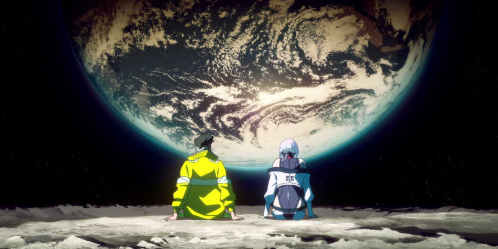 David and Lucy on the moon in Cyberpunk Edgerunners