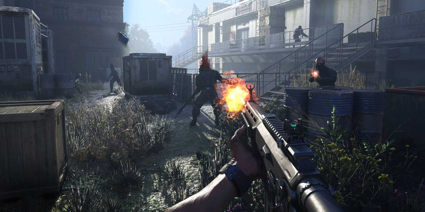 Dying Light: The Beast shooting at enemies with assault rifle