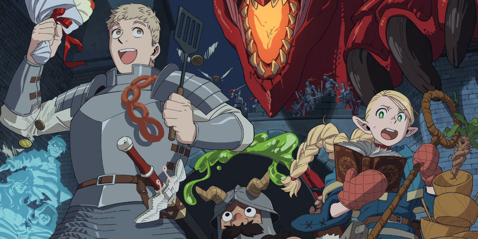 10 Best New-Gen Anime, Ranked 5 Delicious in Dungeon anime featured image - the party running away from a dragon