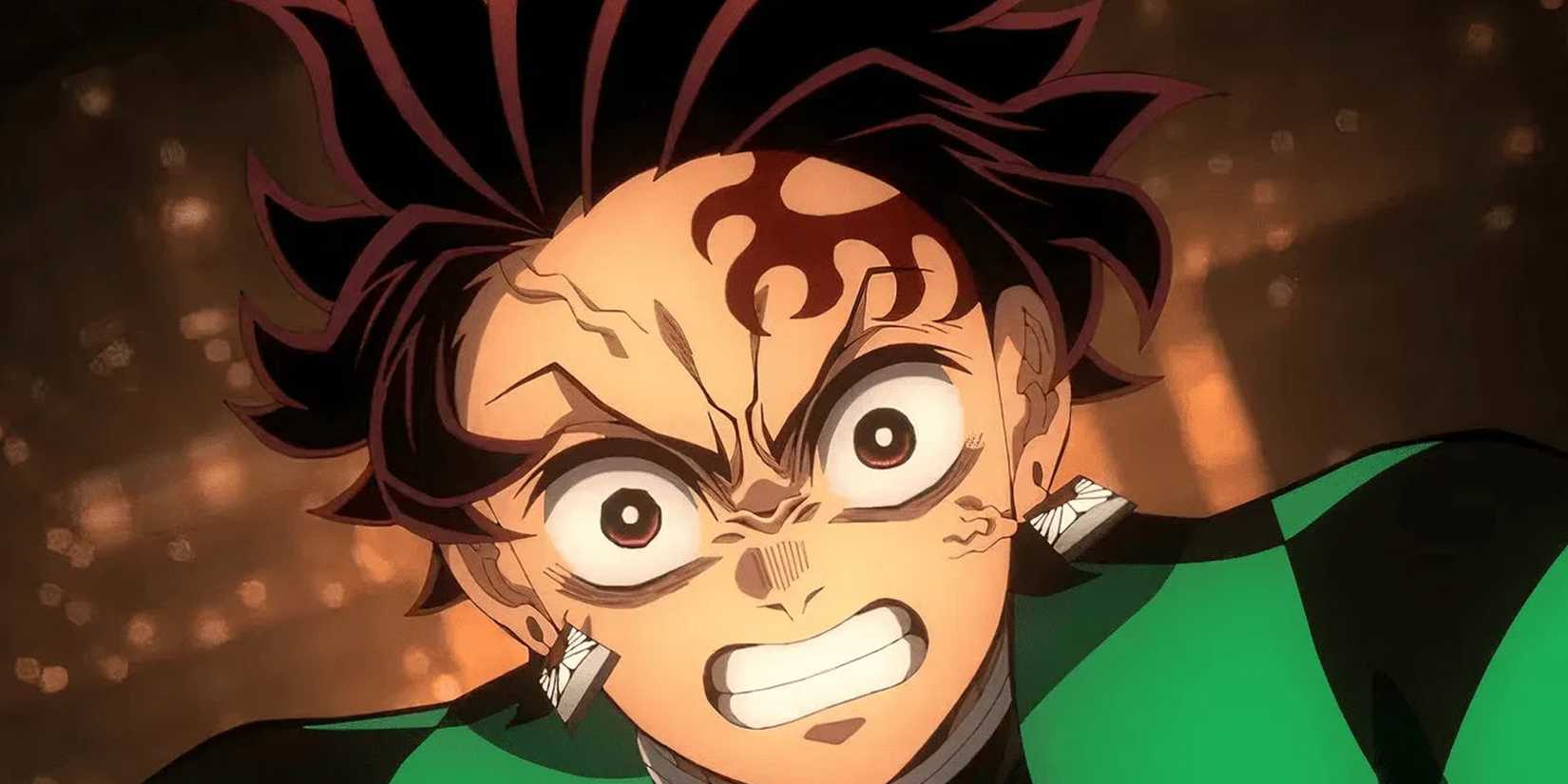 Tanjiro from Demon Slayer grits his teeth as he falls down into the Infinity Castle
