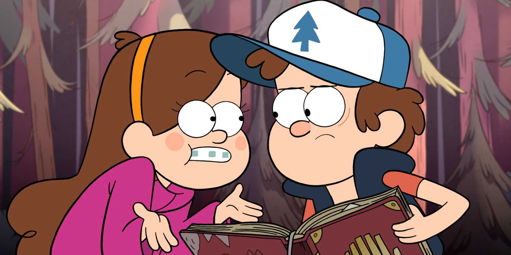 Dipper and Mable looking inquisitive in Gravity Falls