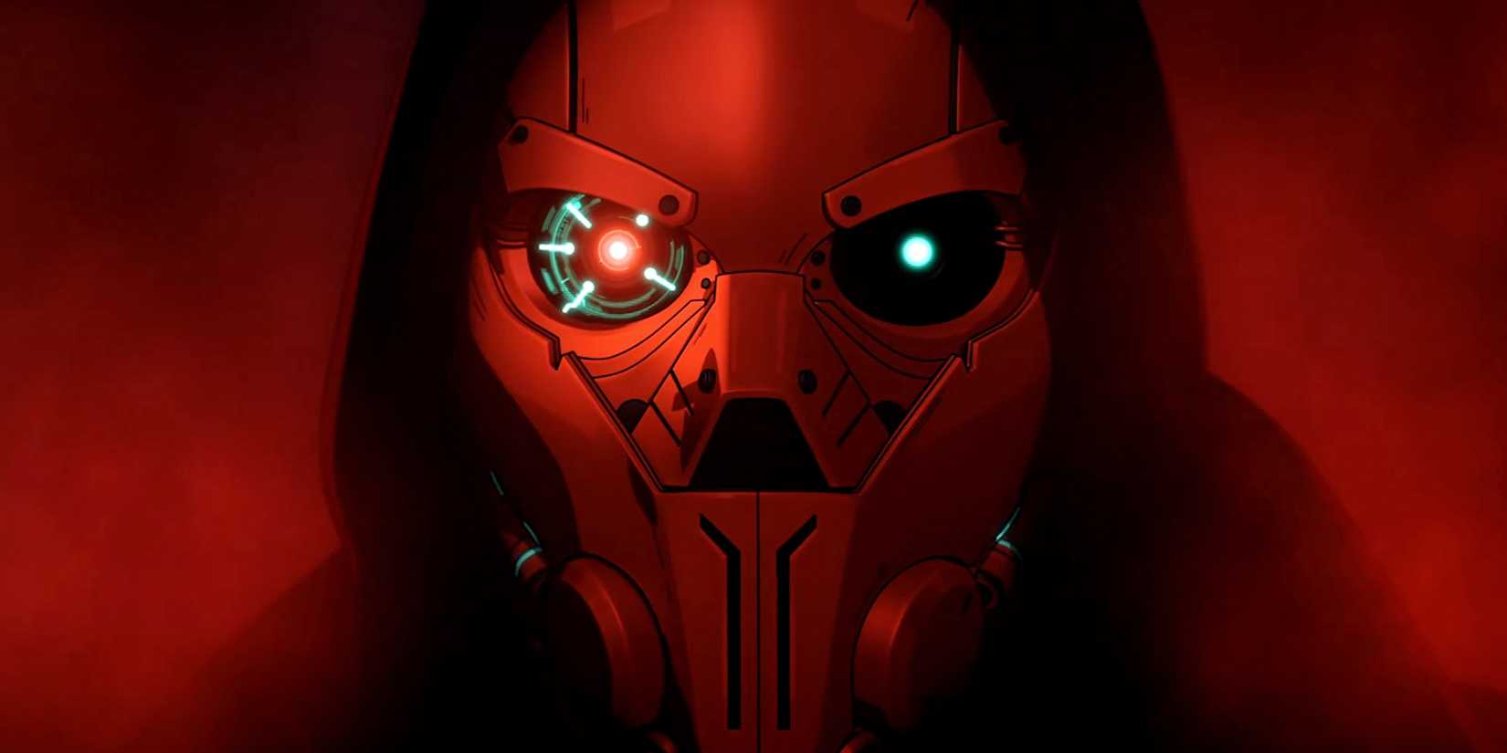 Shroud olhando para frente em frente a um fundo vermelho em Dispatch.