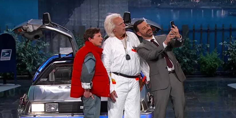 Doc Brown and Marty McFly pose for a selfie in Jimmy Kimmel Live's Back to the Future reunion