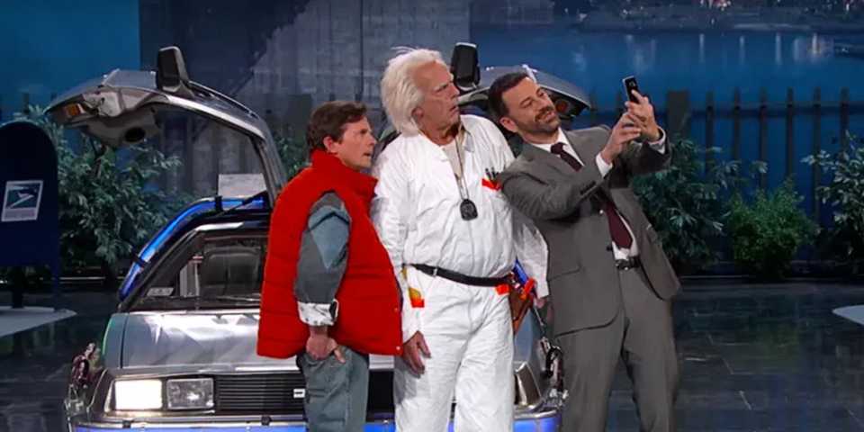 Doc Brown and Marty McFly pose for a selfie in Jimmy Kimmel Live's Back to the Future reunion