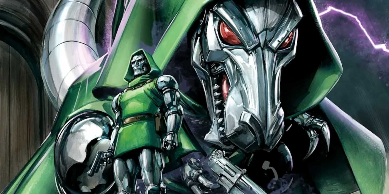 Doctor Doom poses next to his Dinosaur counterpart in Marvel Comics