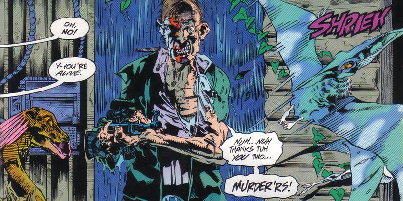 Dr. Gustavus holding a gun surrounded by dinosaurs.