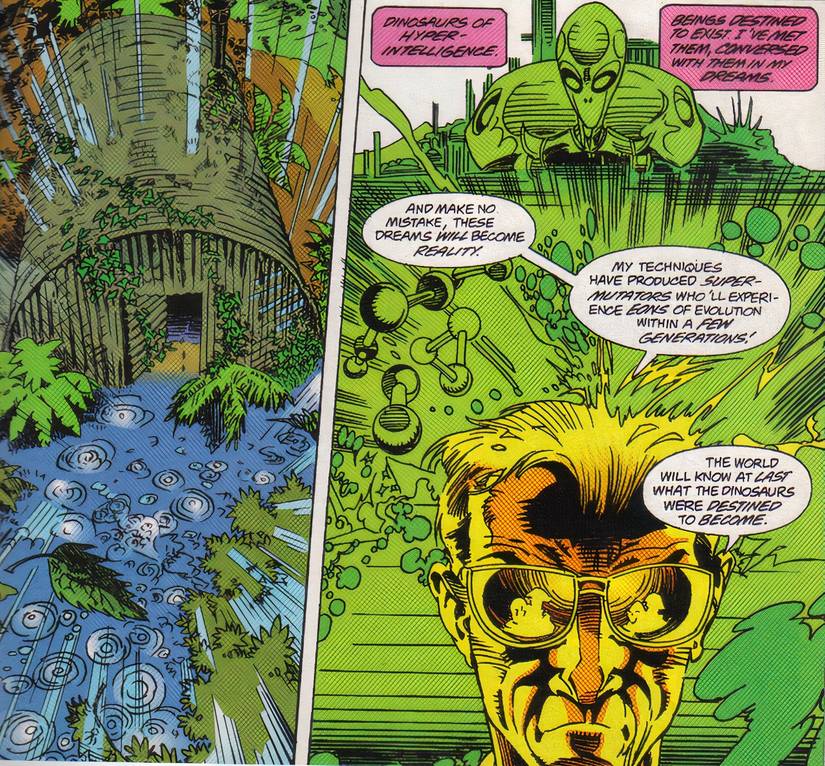 Dr. Gustavus talking about super dinosaur mutants he plans to create.