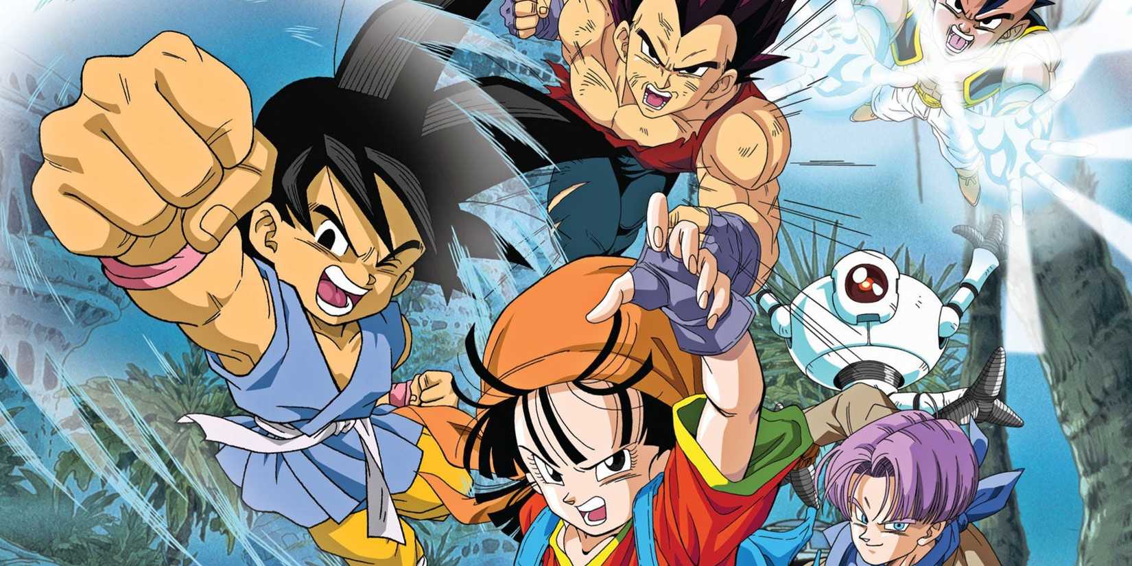 Promotional image for Dragon Ball GT featuring Goku, Pan, Vegeta, Trunks, and Giru.