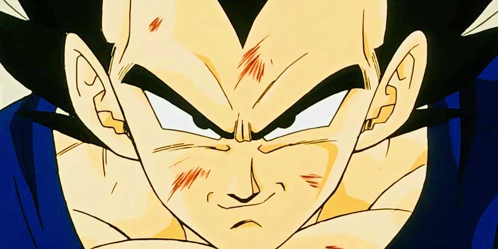 Vegeta smiling while watching Goku take on Kid Buu during Dragon Ball Z.