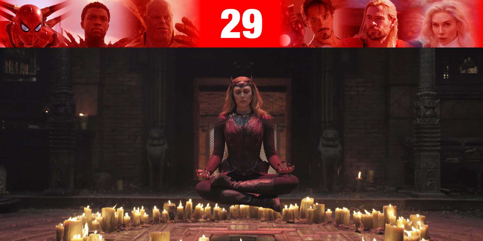 Elizabeth Olsen As Scarlet Witch Floating Over A Ring Of Candles In Doctor Strange in the Multiverse of Madness With MCU Overlay
