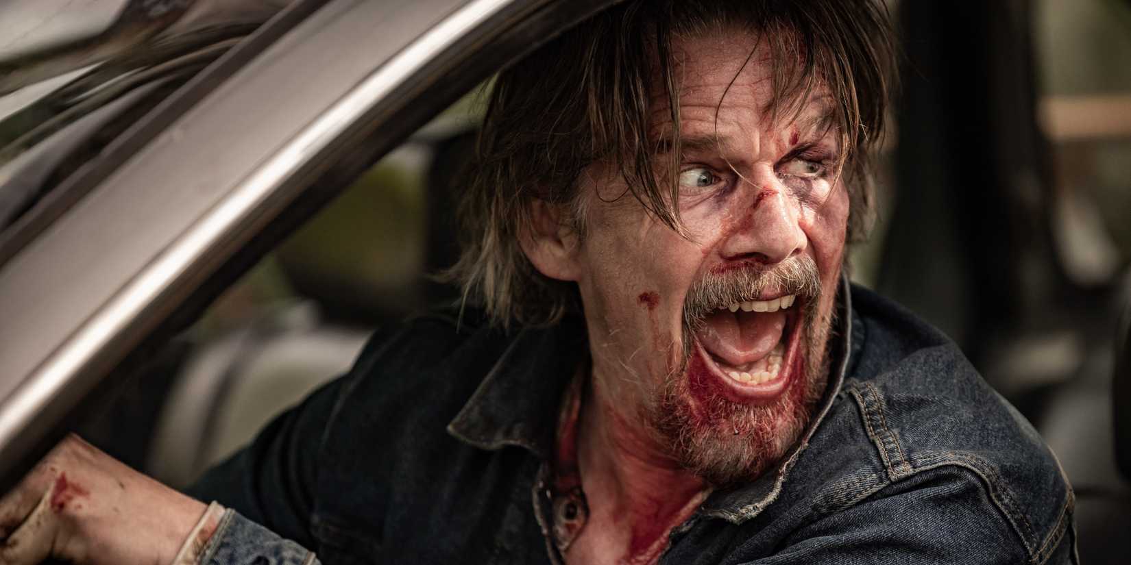 Ethan Hawke covered in blood and yelling in The Lowdown