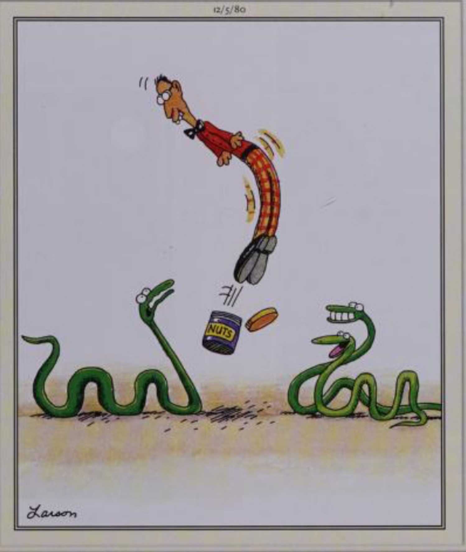 Far Side, December 5, 1980 a man pops out of a trick tin and scares a snake