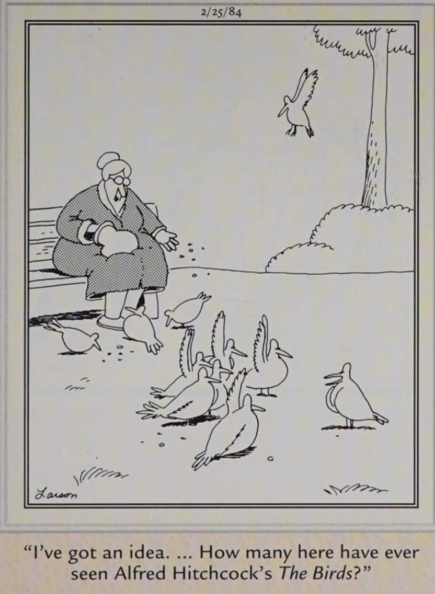 Far Side, February 25, 1984, a bird suggests they attack a woman feeding them on a park bench