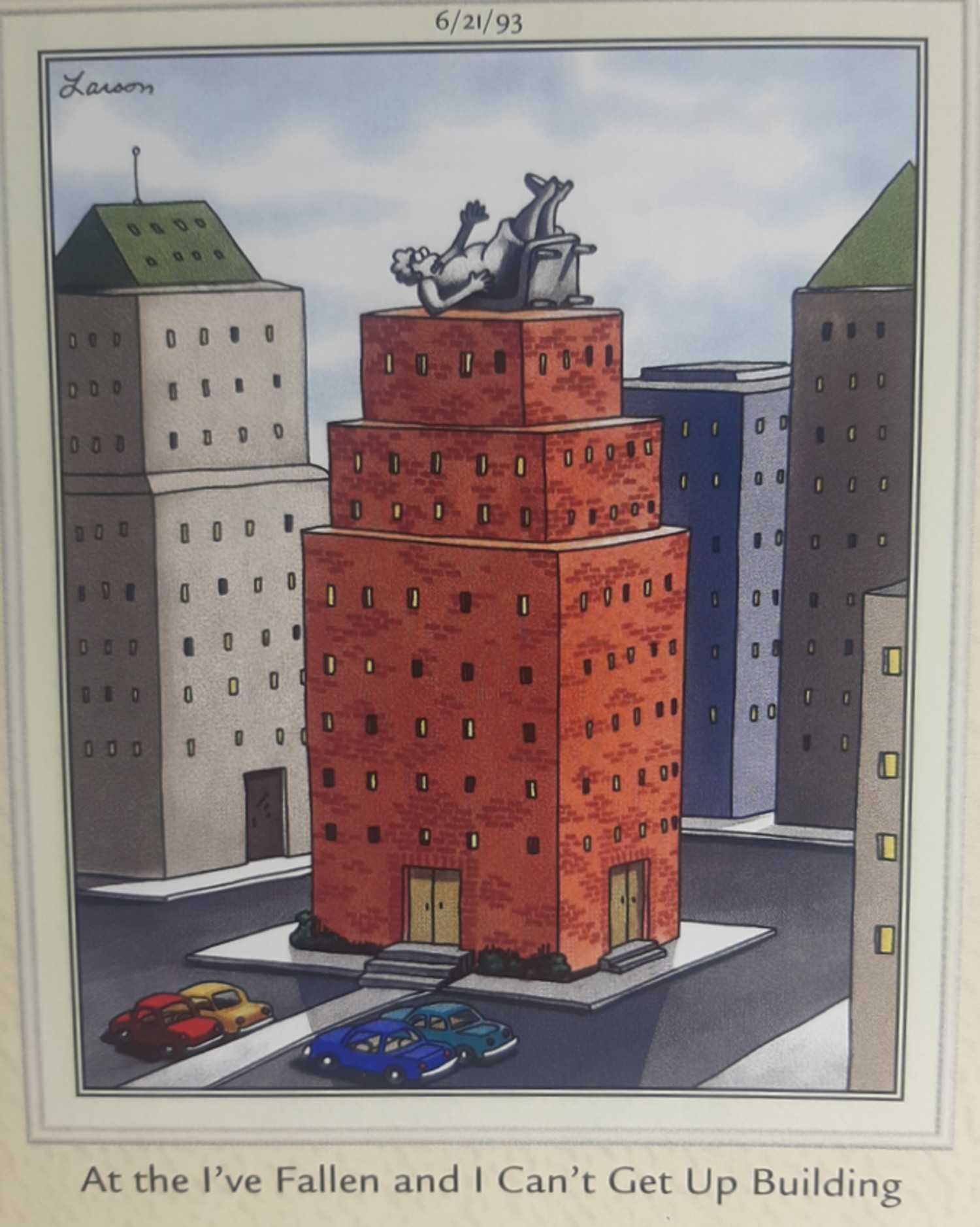 Far Side, June 21, 1993, 'at the fallen and can't get up building'