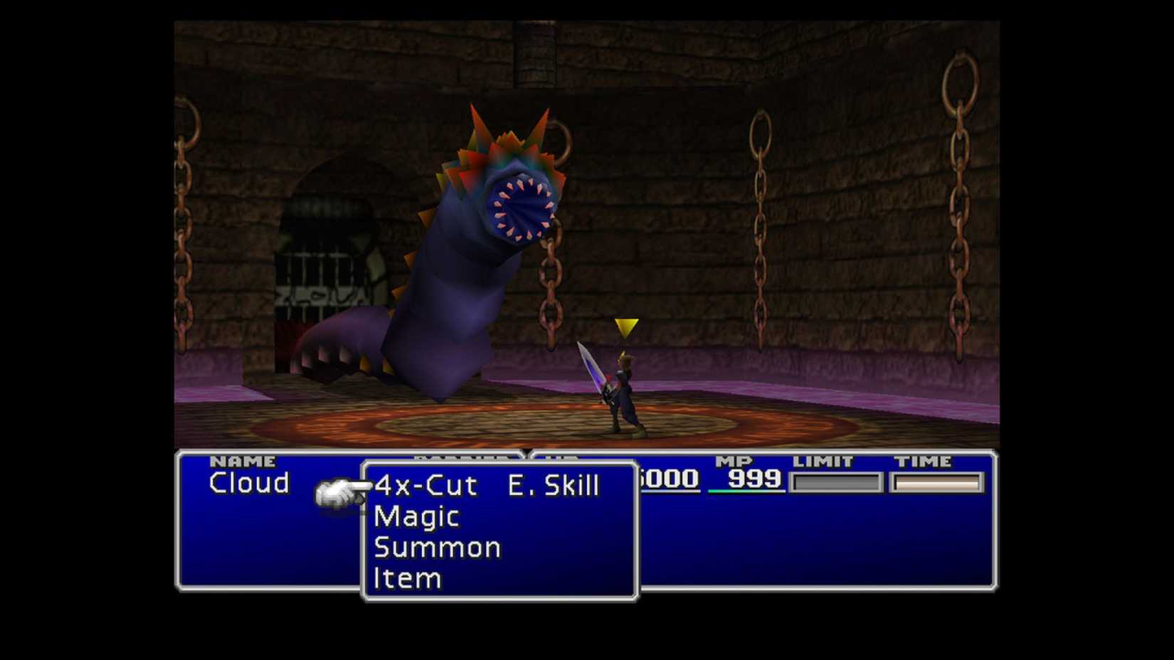 Final Fantasy screenshot of Cloud fighting a worm monster