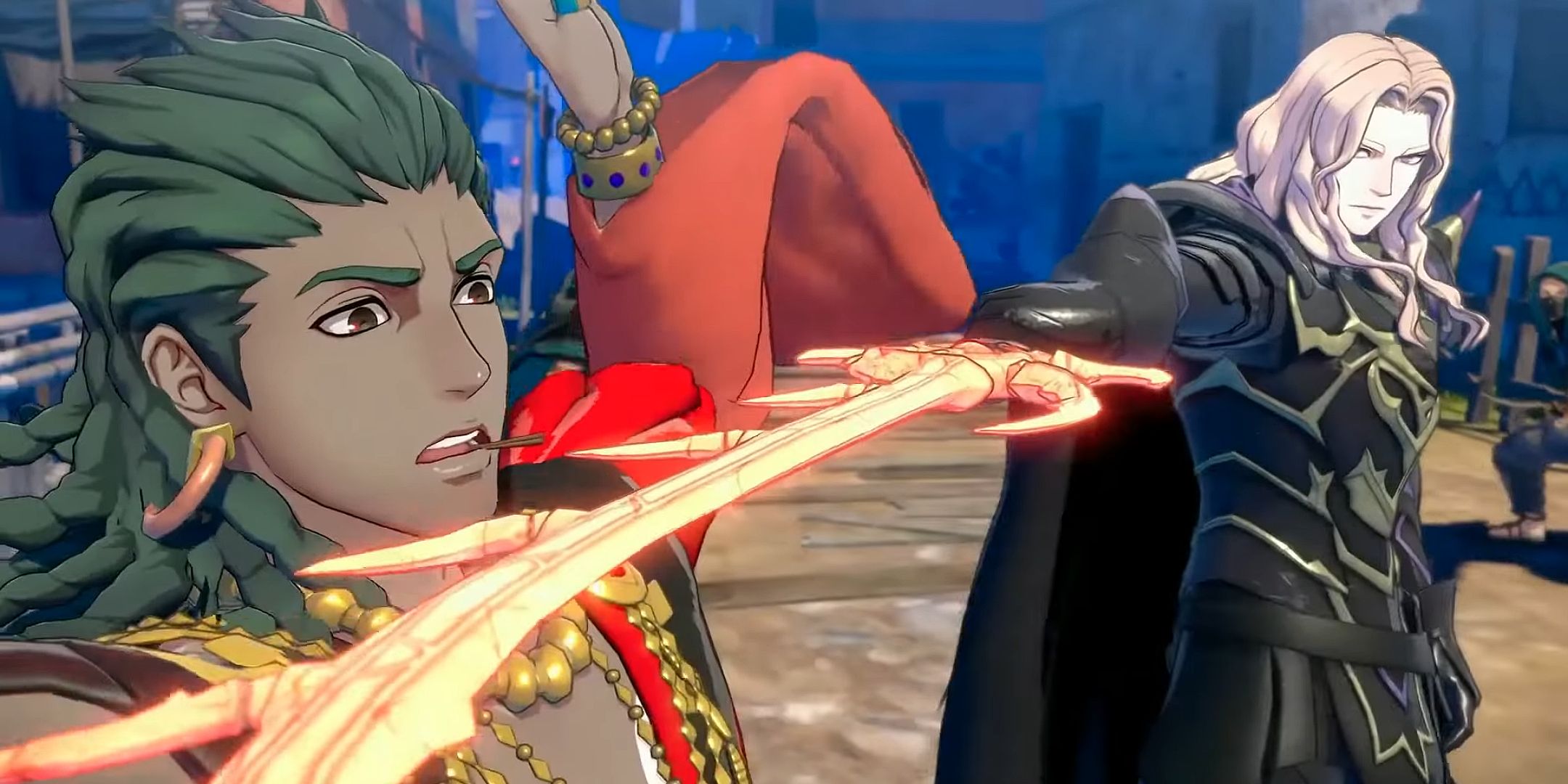 Dietrich in Fire Emblem Fortune's Weave puntando la spada contro un altro personaggio