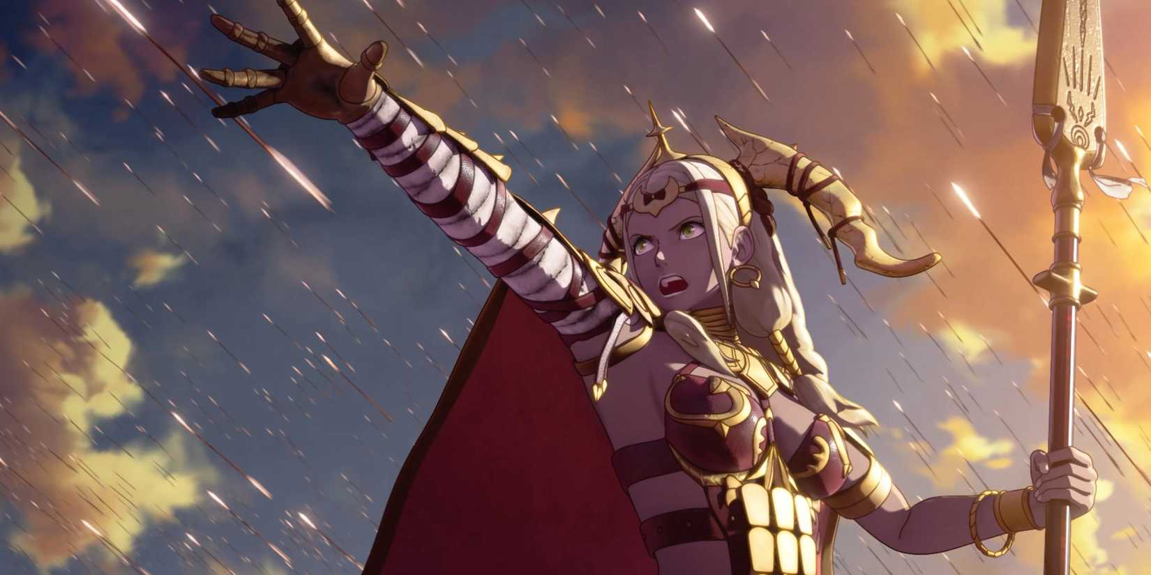 A character in Fire Emblem Fortune's Weave pointing at the sky.