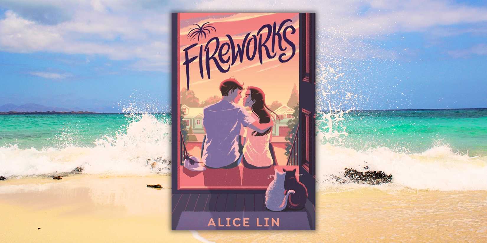 The cover of Fireworks by Alice Lin over waves on a beach