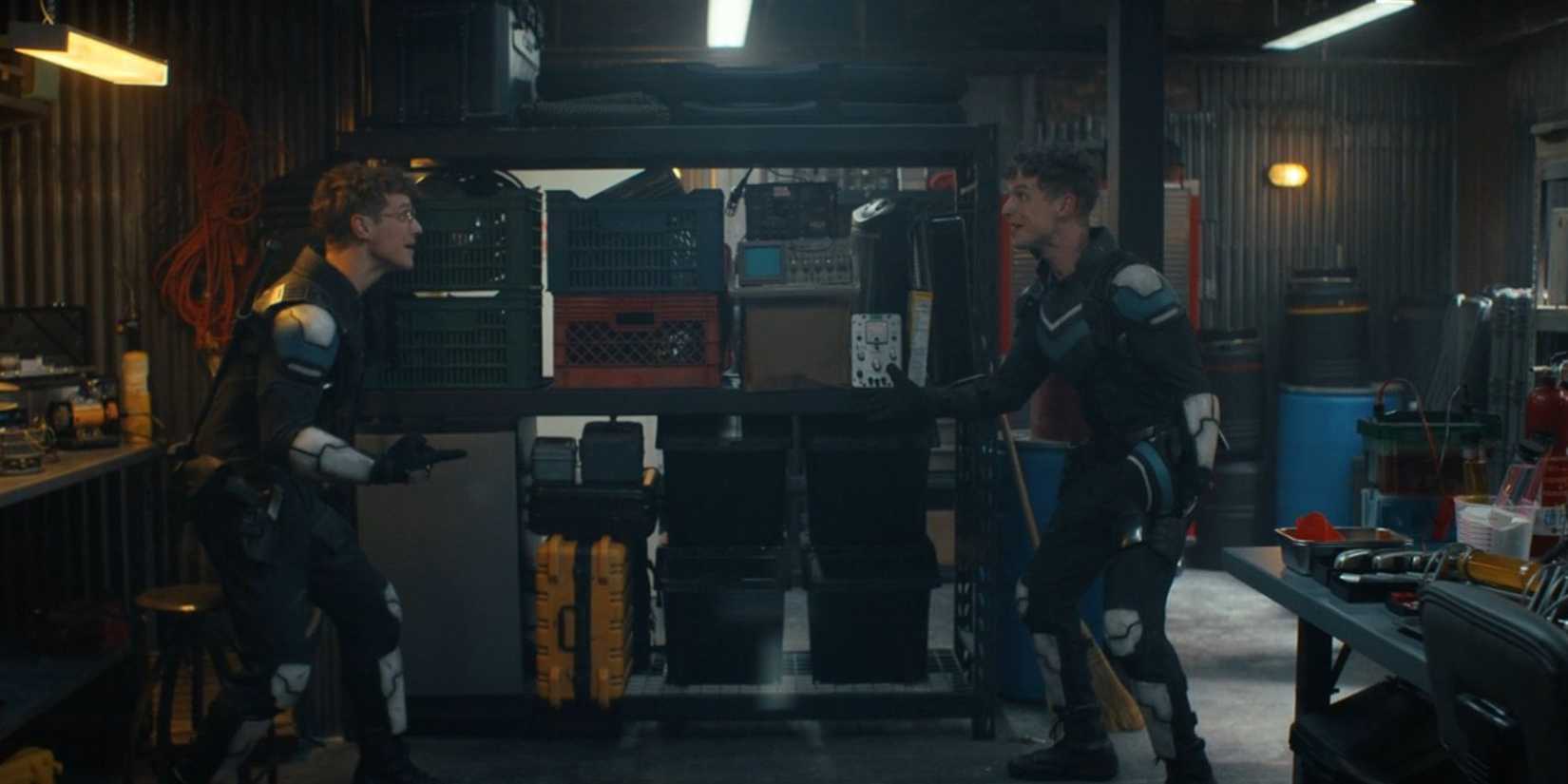 Freddie Stroma As Vigilante Pointing At His Alternate Dimension Self In Peacemaker Season 2