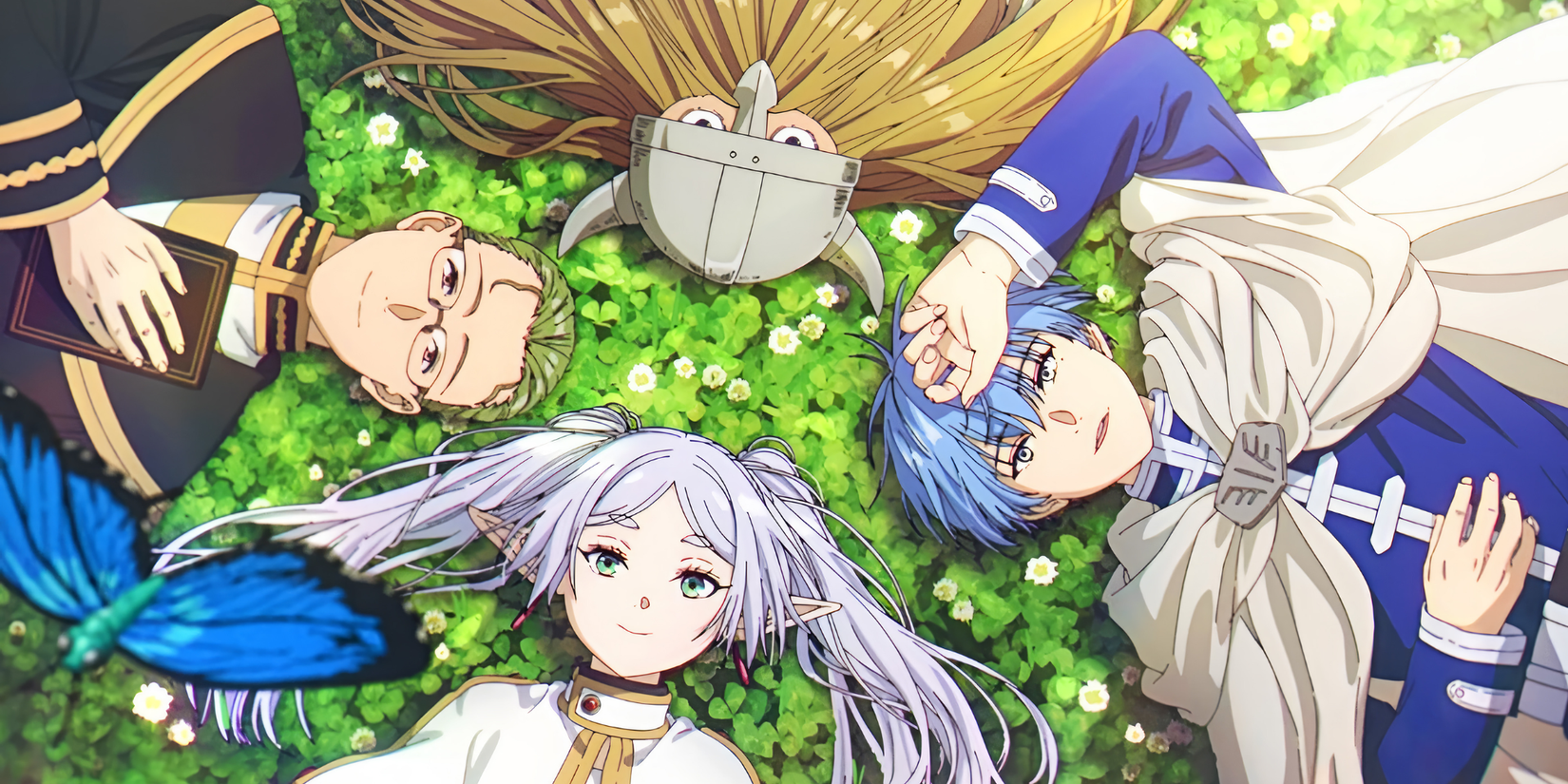 Frieren Beyond Journey's End anime featured image - Frieren, Himmel, Heiter, and Eisen laying down and looking up at a blue butterfly