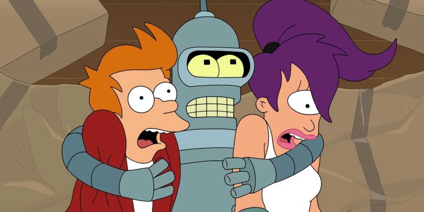 Bender abraçando Fry e Leela, que parecem desconfortáveis, em Futurama