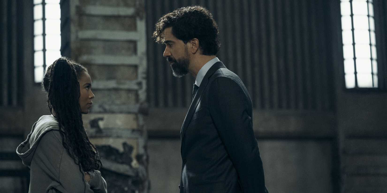 Marie Moreau (Jaz Sinclair) glaring up at Dean Cipher (Hamish Linklater) in Gen V season 2