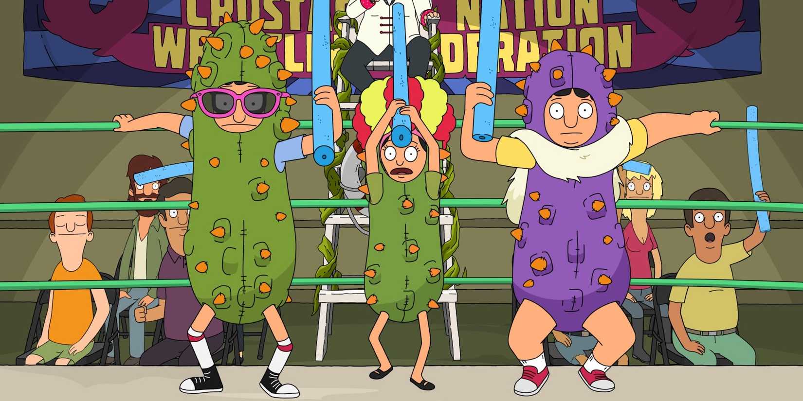 Gene, Louise e Tina competem como lutadoras profissionais em fantasias de picles em Bob's Burgers