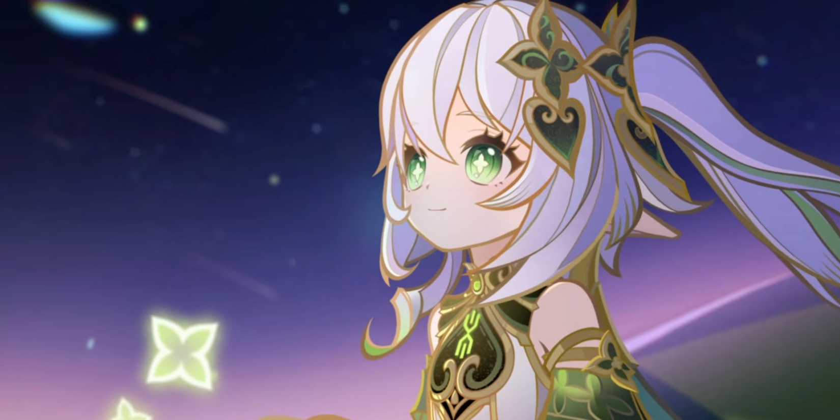 Nahida happily looks at the stars in Genshin Impact.