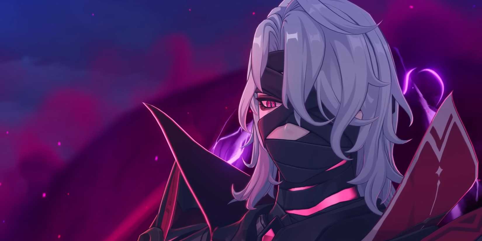 Rerir looks menacing with his facial bandages and purple eyes in Genshin Impact.