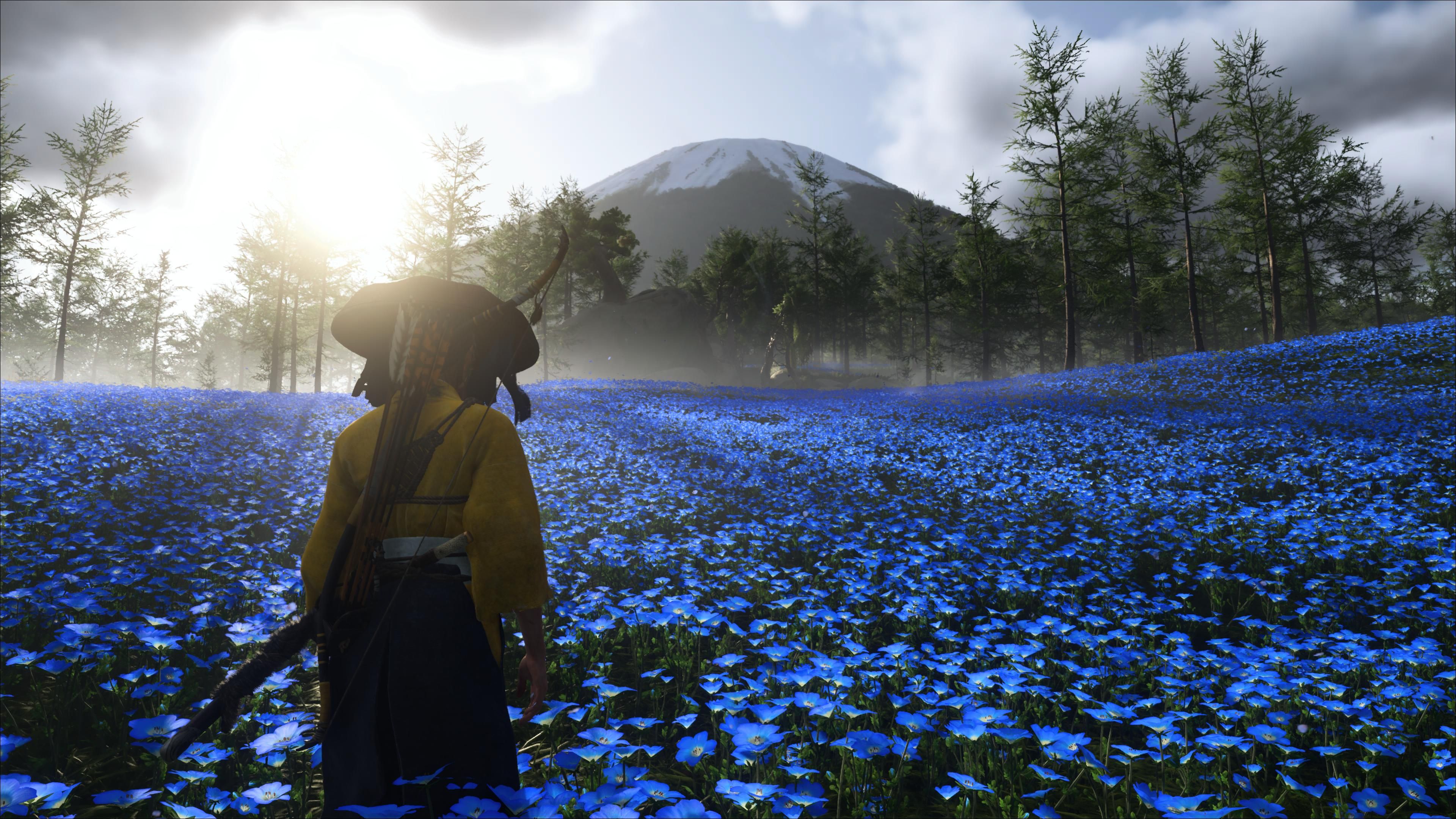 Atsu standing in a field of blue flowers with Mount Yotei in the background.