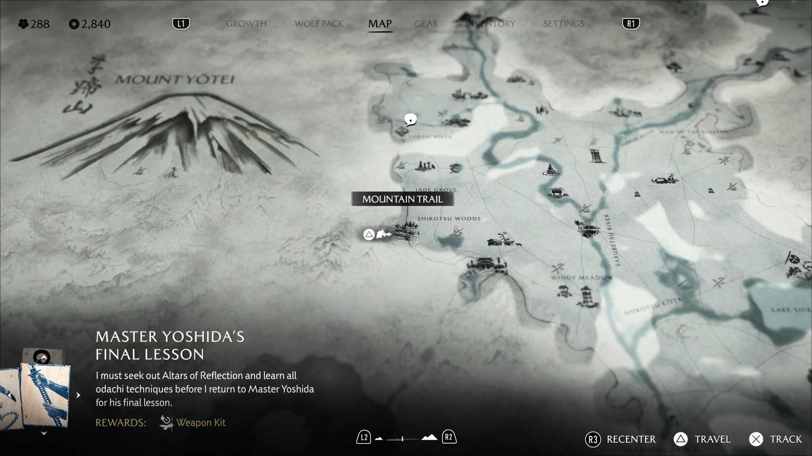 A map screenshot from Ghost of Yotei showing the location of the mountain trail where you can get the dual katanas.