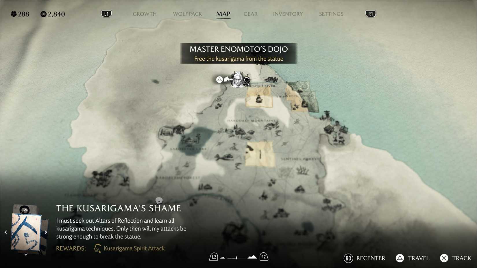 Map screenshot from Ghost of Yotei showing where to get the Kusarigama at Master Enomoto's Dojo.
