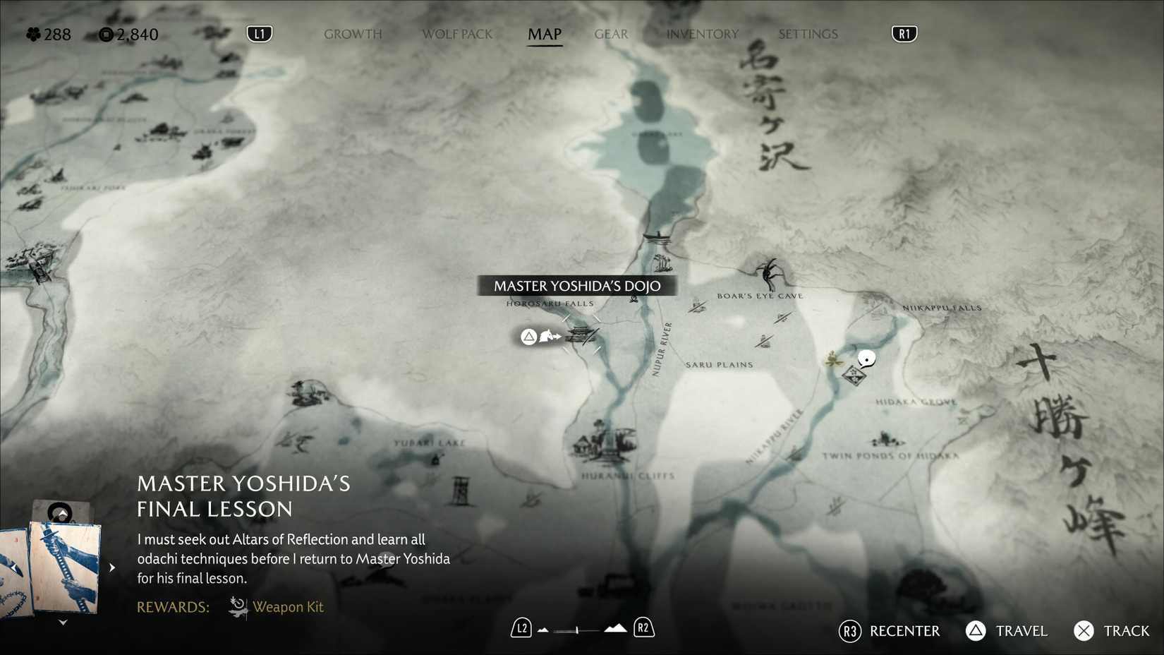 A map screenshot showing the location of Master Yoshida's Dojo in Ghost of Yotei, where you acquire the Odachi.