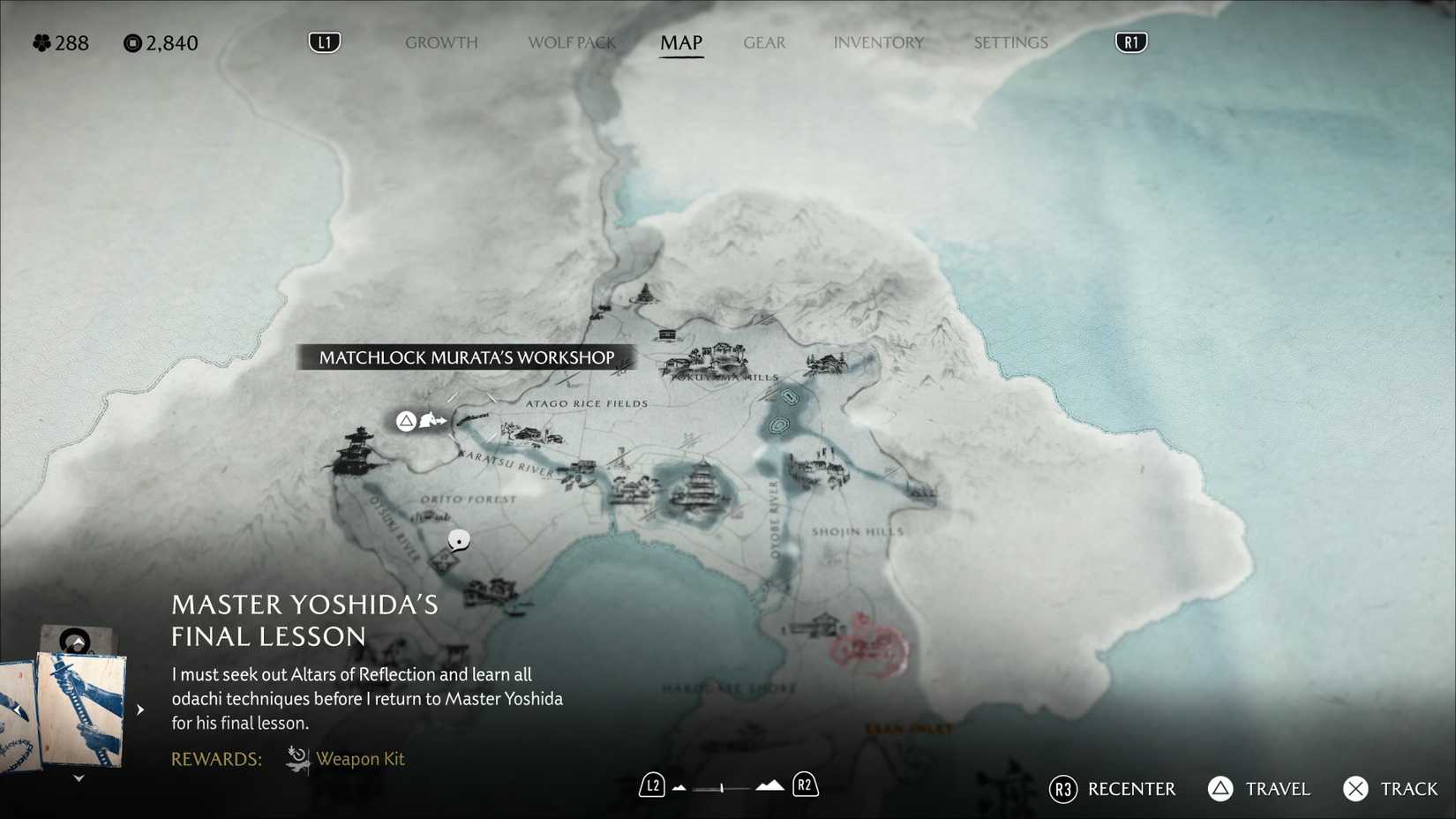 A map screenshot showing the location of Matchlock Murata's Workshop in Ghost of Yotei.