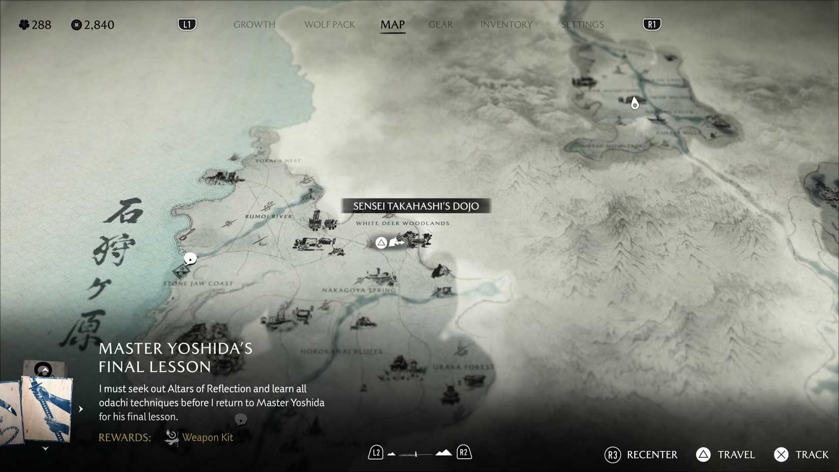 Map screenshot from Ghost of Yotei showing the location of Sensei Takahashi's Dojo, where you get the Yari.